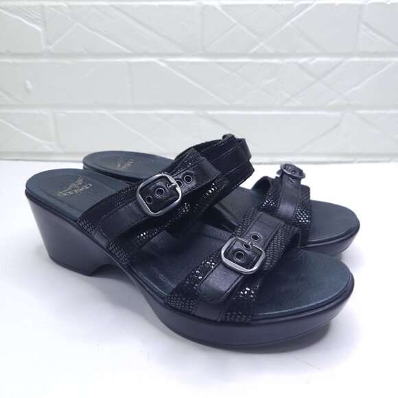 Dansko Jessie Black Leather Two Strap Slip On Wedge Platform Sandal Adjustable 9 - Picture 1 of 12